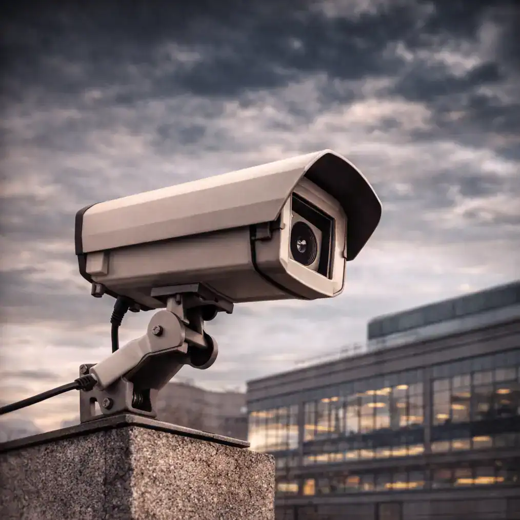 Outdoor security camera monitoring a commercial facility, illustrating edge-based surveillance and cloud-independent security systems.