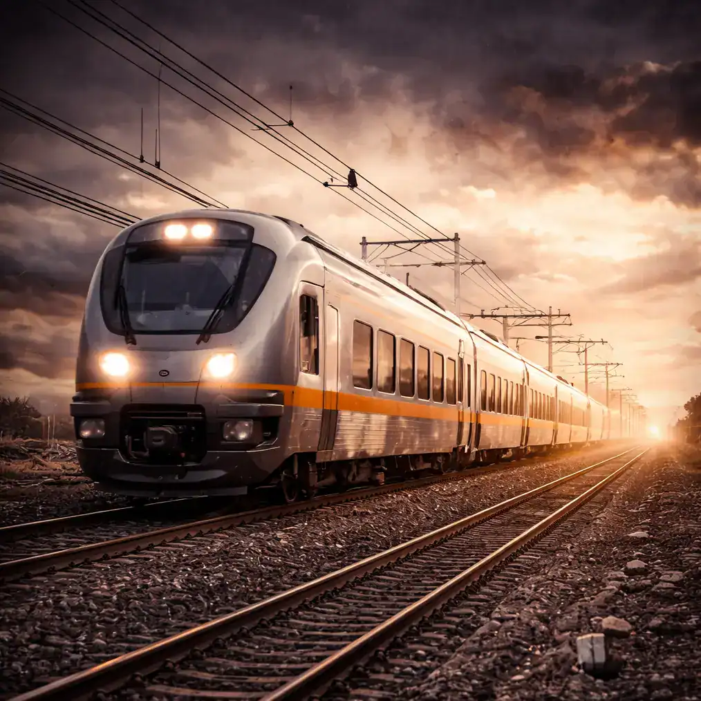 Modern passenger train operating on active rail tracks, representing edge computing and real-time intelligence for transportation and fleet systems.